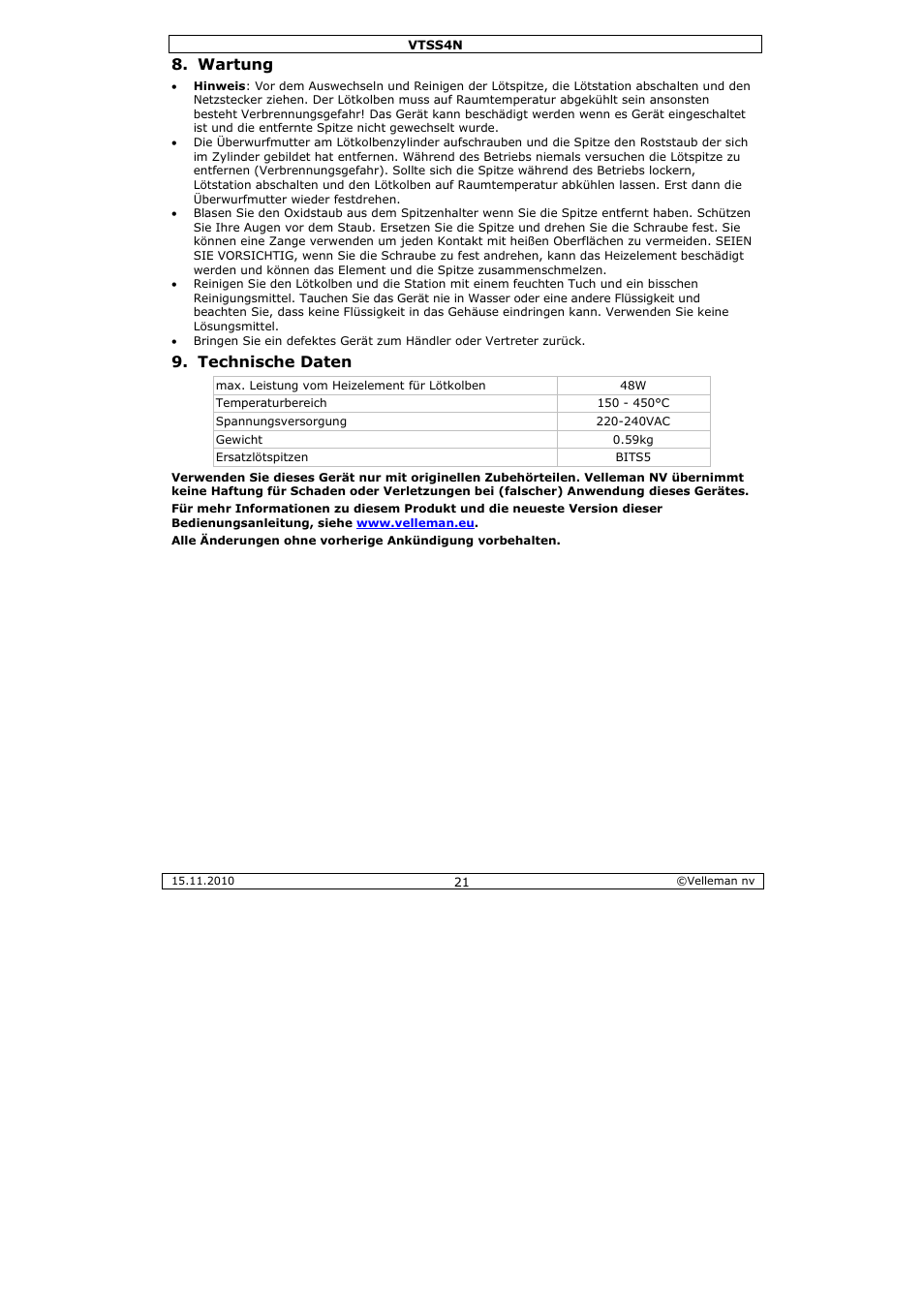 Wartung, Technische daten | Velleman VTSS4N User Manual | Page 21 / 24