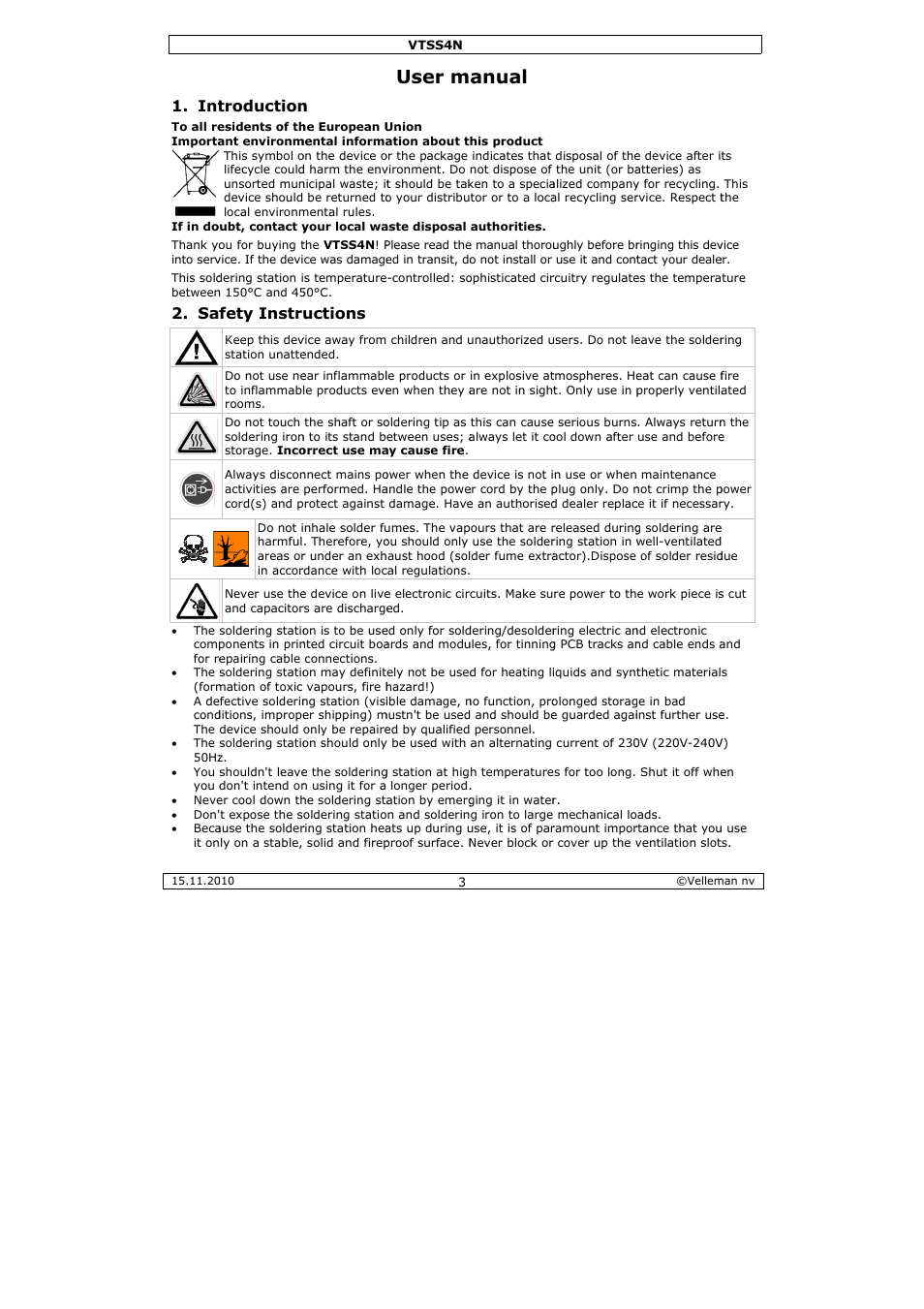 User m, Anual, Troduction | Fety instr, Uctions | Velleman VTSS4N User Manual | Page 3 / 24