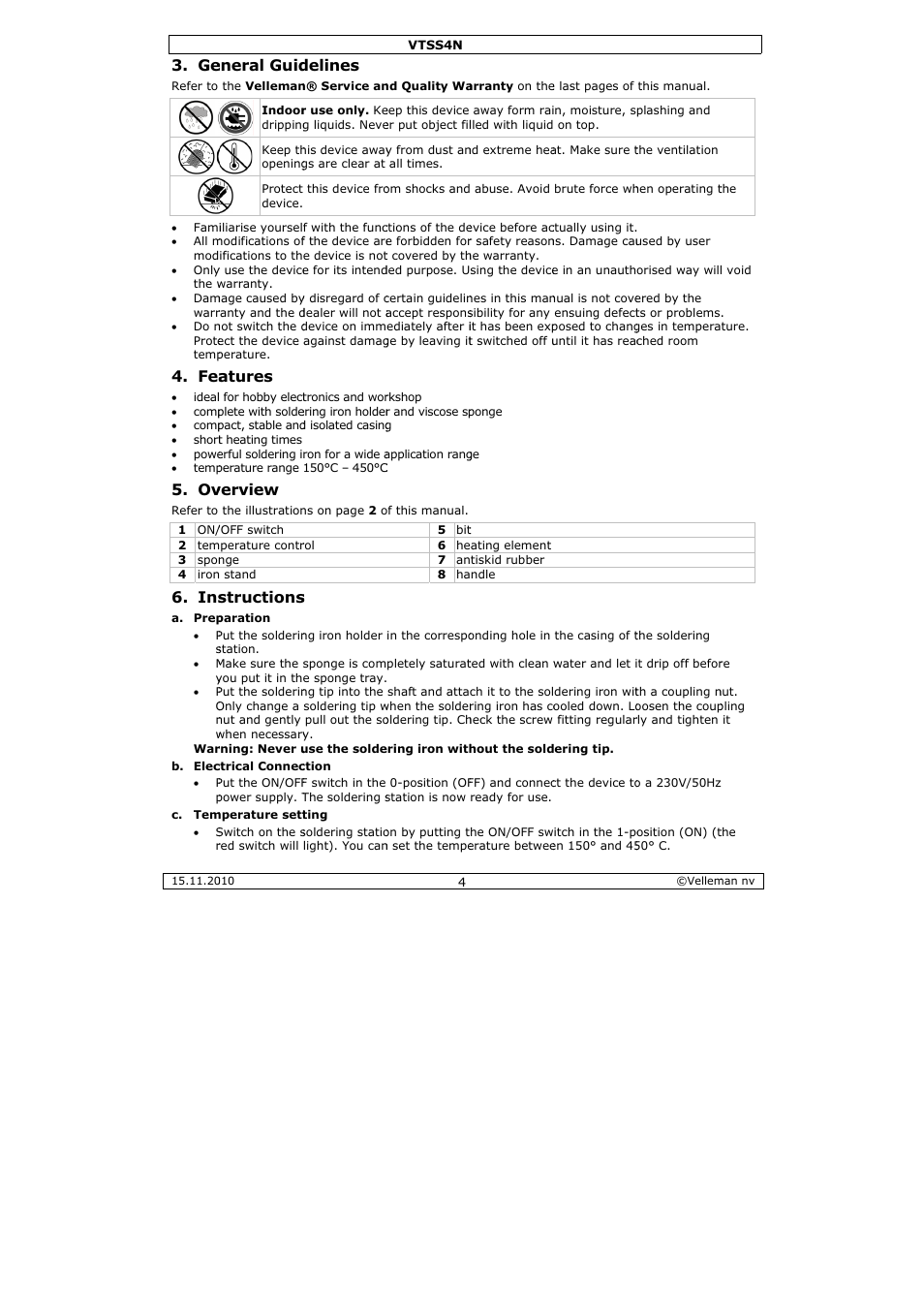 Eneral guid, Atures, Verview | Structions, Delines | Velleman VTSS4N User Manual | Page 4 / 24