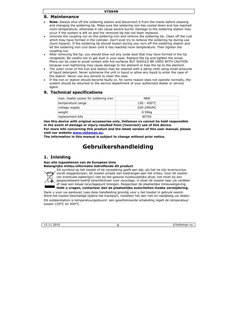 Gebru, Uikersh, Handleid | Ding, Aintenance, Chnical sp, Leiding, Pecification | Velleman VTSS4N User Manual | Page 6 / 24