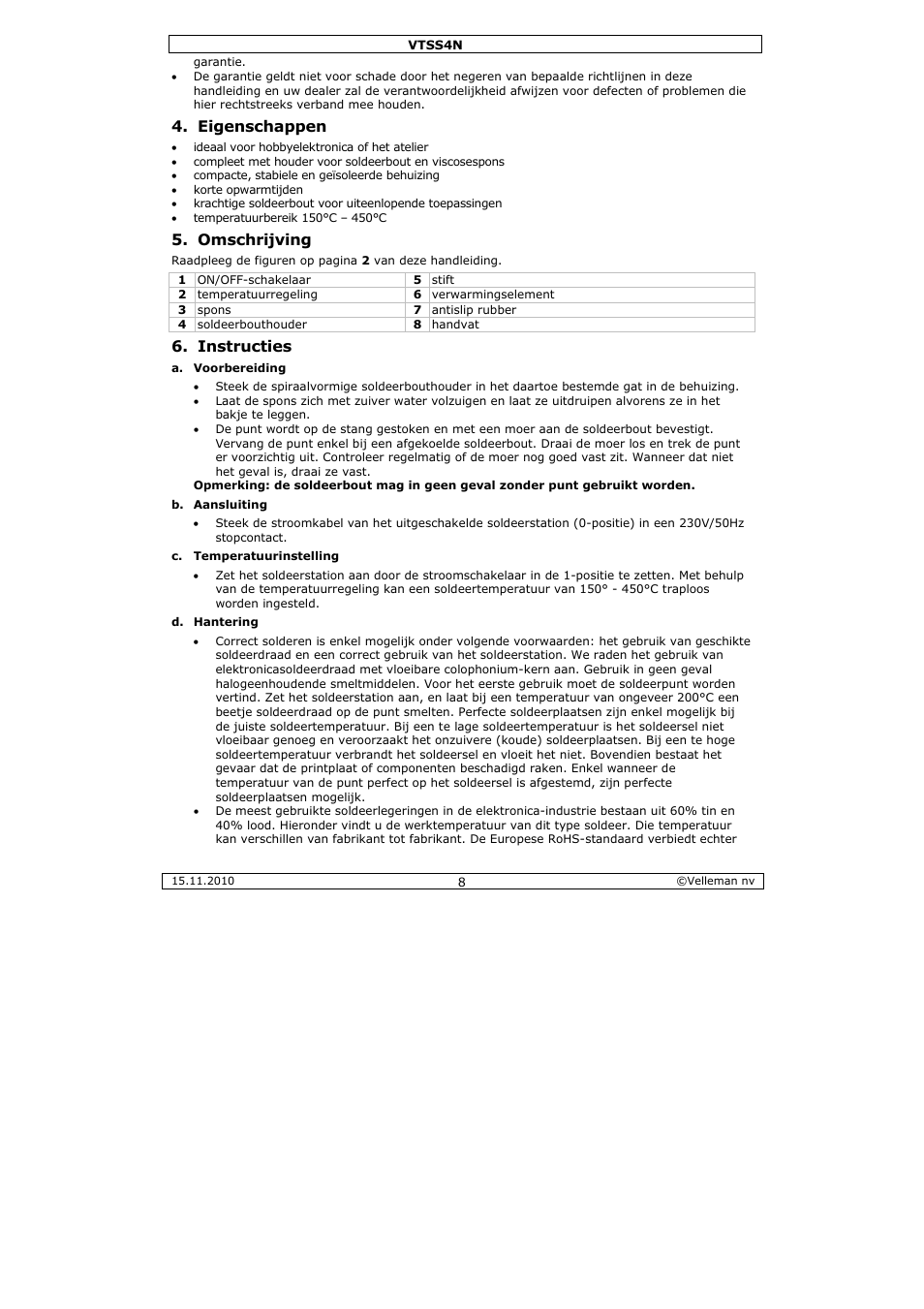 Eigenschappen, Omschrijving, Instructies | Velleman VTSS4N User Manual | Page 8 / 24
