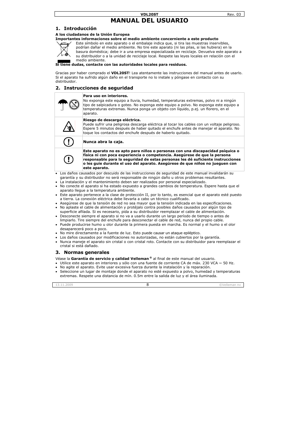 Manual del usuario | Velleman VDL20ST User Manual | Page 8 / 13