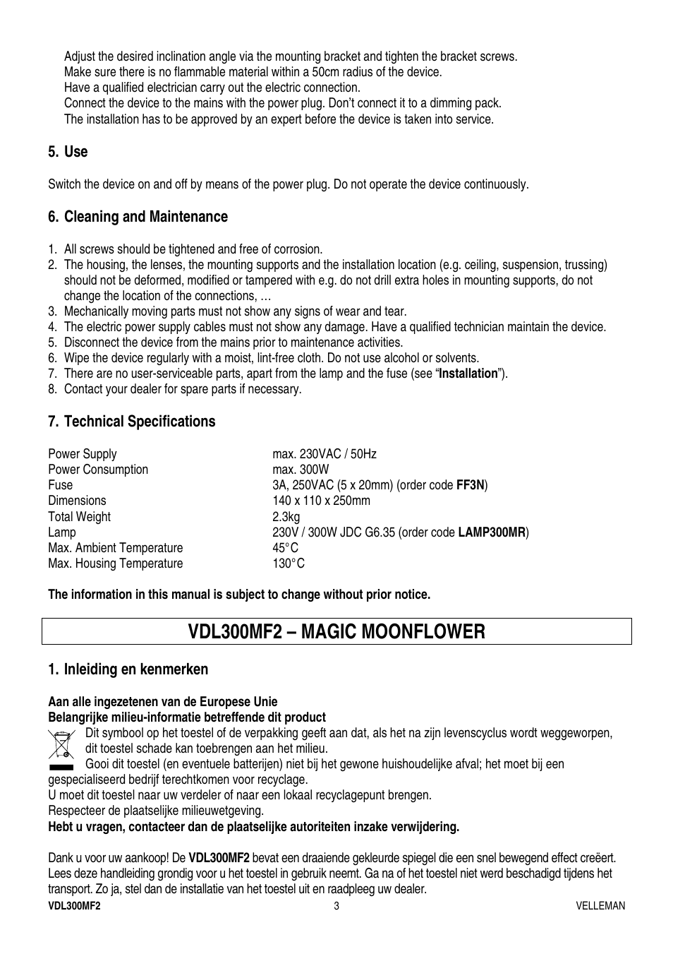 Vdl300mf2 – magic moonflower | Velleman VDL300MF2 User Manual | Page 3 / 15