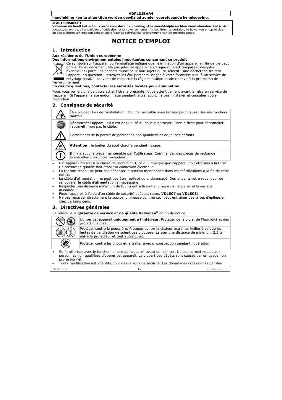 Otice d, Emploi | Velleman VDPLDJBAR4 User Manual | Page 12 / 27