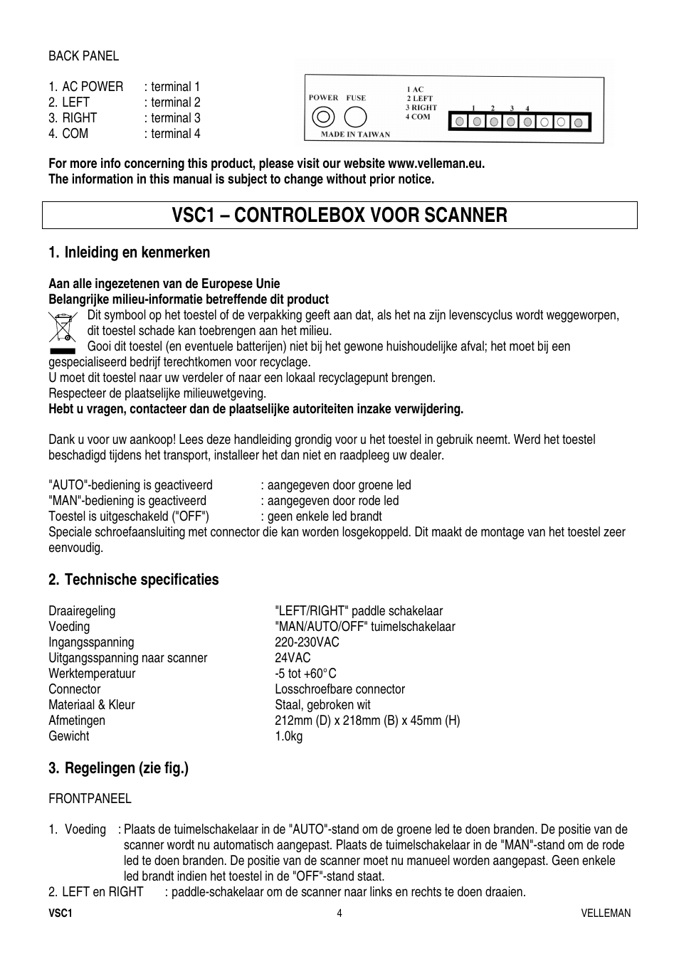 Vsc1 – controlebox voor scanner | Velleman VSC1 User Manual | Page 4 / 8