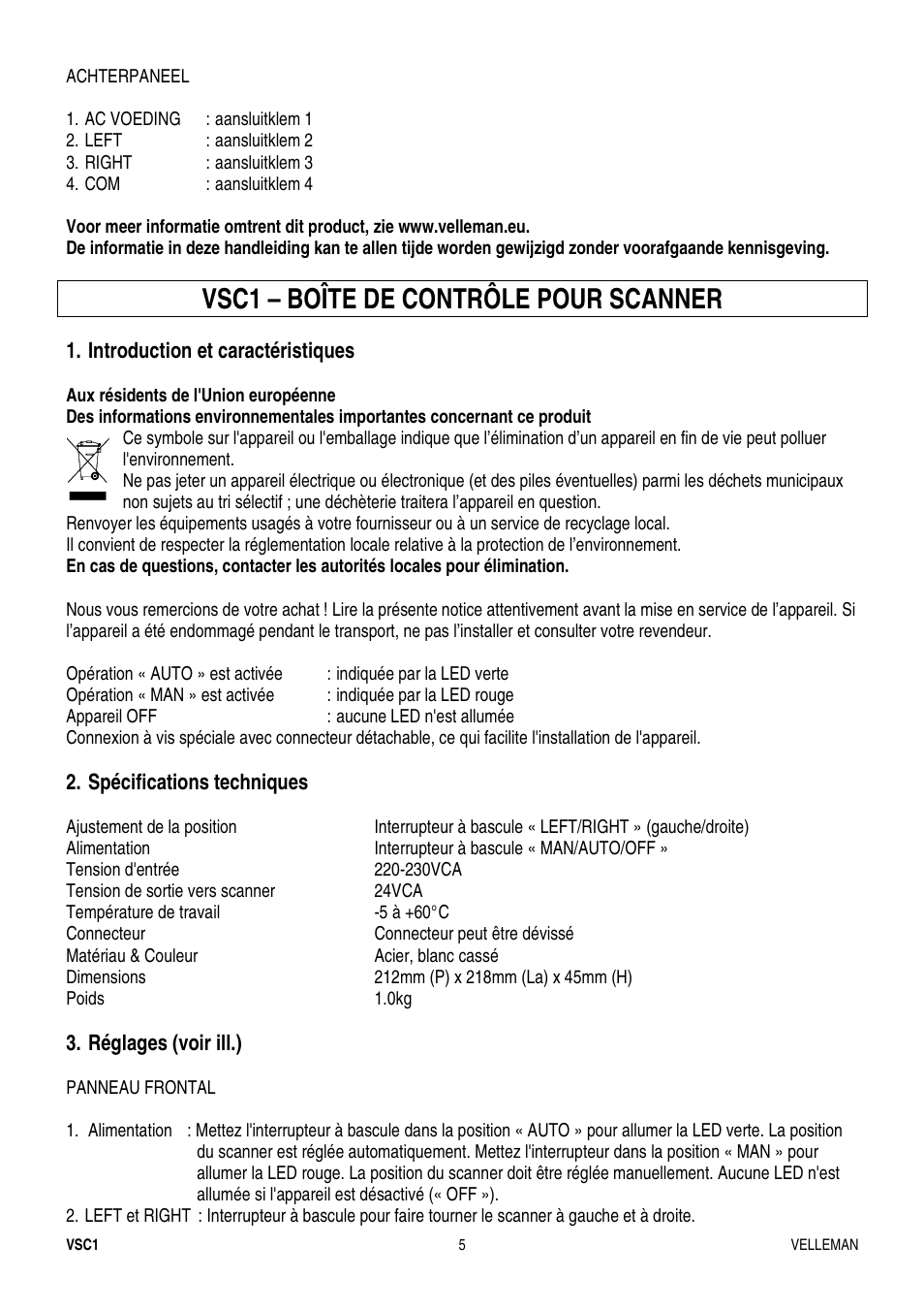 Vsc1 – boîte de contrôle pour scanner | Velleman VSC1 User Manual | Page 5 / 8