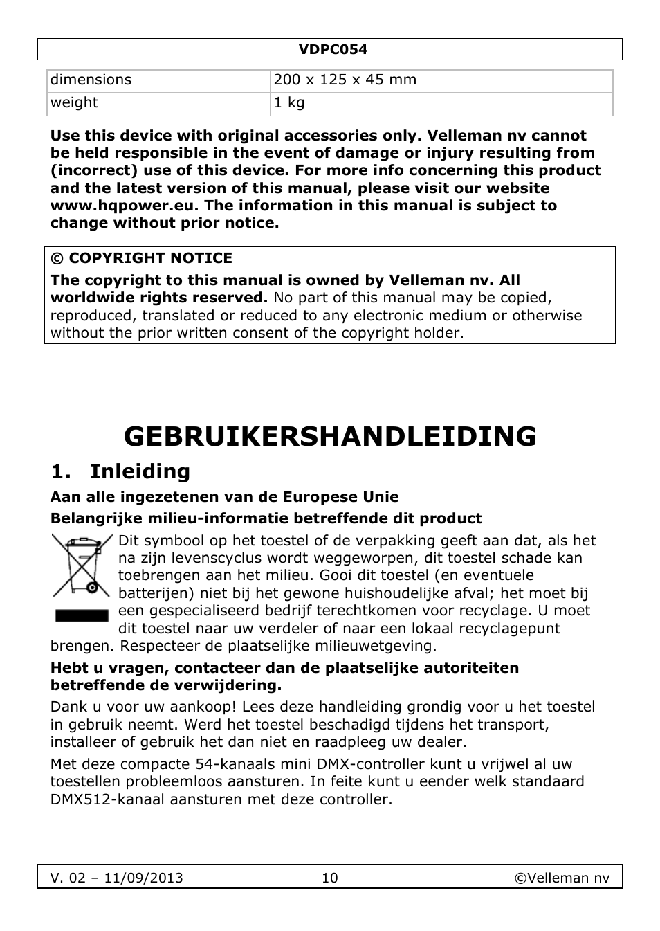 Gebruikershandleiding, Inleiding | Velleman VDPC054 User Manual | Page 10 / 58