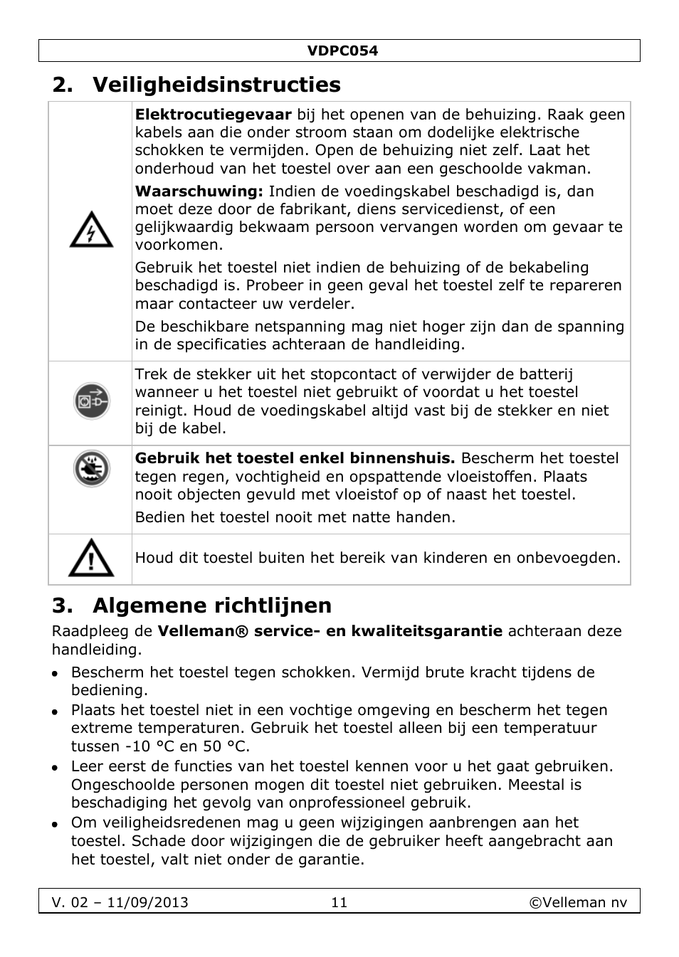 Veiligheidsinstructies, Algemene richtlijnen | Velleman VDPC054 User Manual | Page 11 / 58