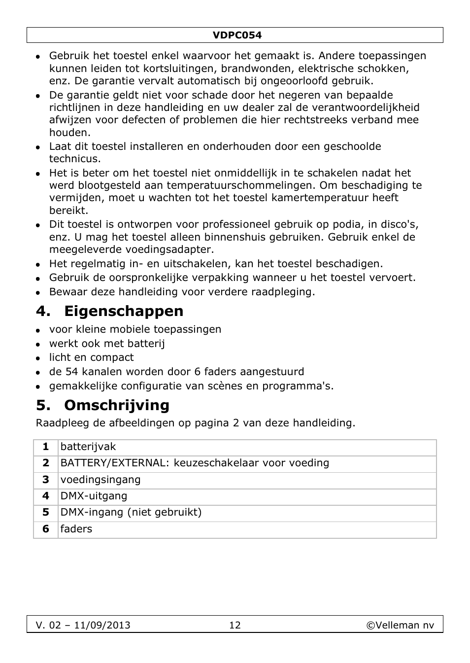 Eigenschappen, Omschrijving | Velleman VDPC054 User Manual | Page 12 / 58