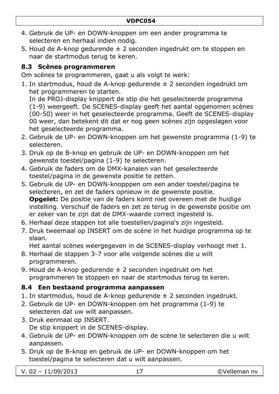 3 scènes programmeren, 4 een bestaand programma aanpassen | Velleman VDPC054 User Manual | Page 17 / 58