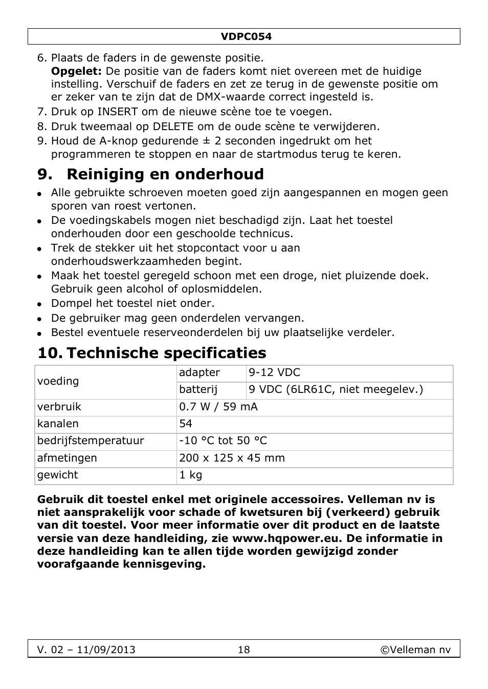 Reiniging en onderhoud, Technische specificaties | Velleman VDPC054 User Manual | Page 18 / 58