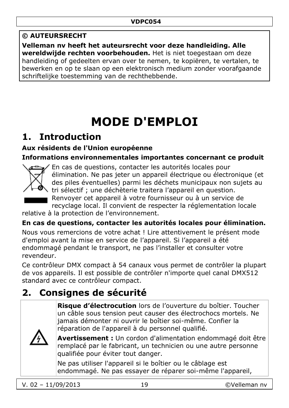 Mode d'emploi, Introduction, Consignes de sécurité | Velleman VDPC054 User Manual | Page 19 / 58