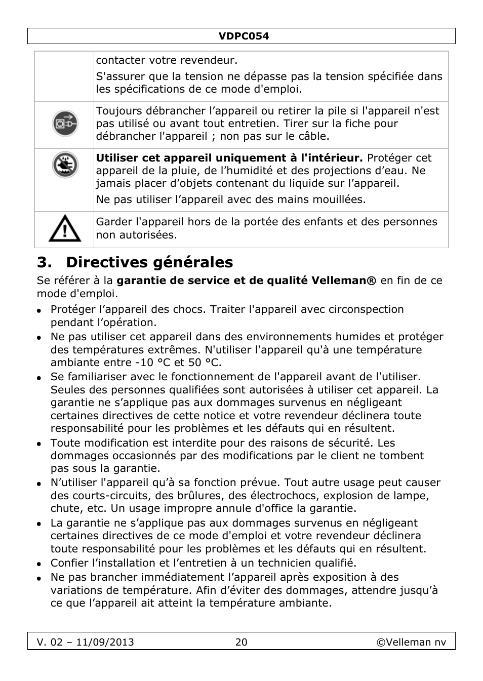 Directives générales | Velleman VDPC054 User Manual | Page 20 / 58