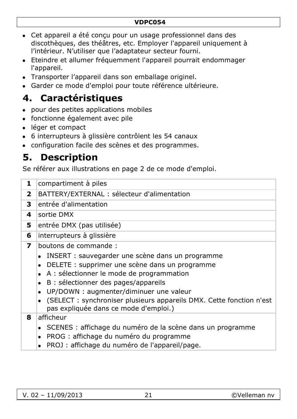 Caractéristiques, Description | Velleman VDPC054 User Manual | Page 21 / 58