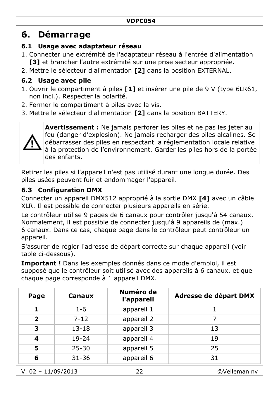 Démarrage, 1 usage avec adaptateur réseau, 2 usage avec pile | 3 configuration dmx | Velleman VDPC054 User Manual | Page 22 / 58