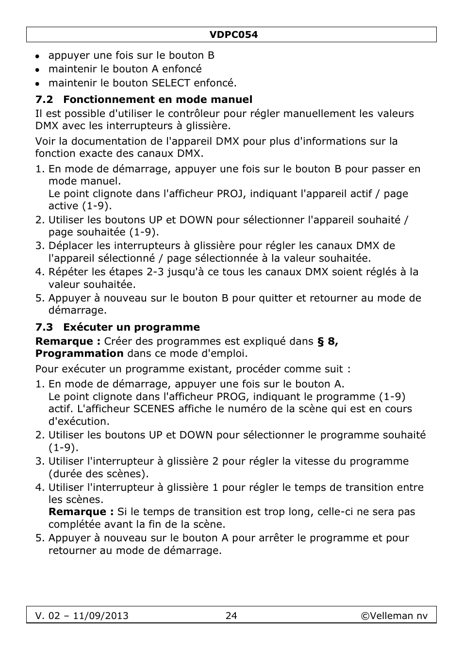 2 fonctionnement en mode manuel, 3 exécuter un programme | Velleman VDPC054 User Manual | Page 24 / 58