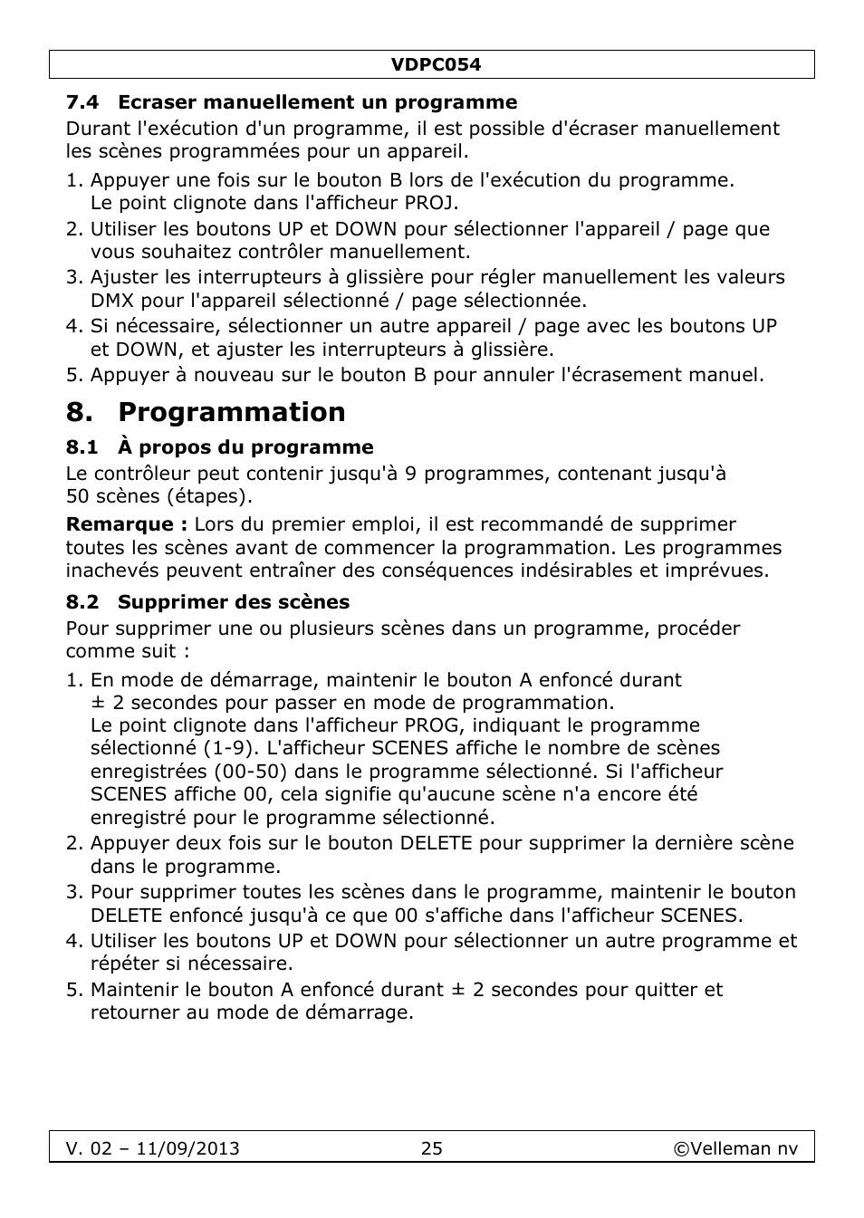 4 ecraser manuellement un programme, Programmation, 1 à propos du programme | 2 supprimer des scènes | Velleman VDPC054 User Manual | Page 25 / 58