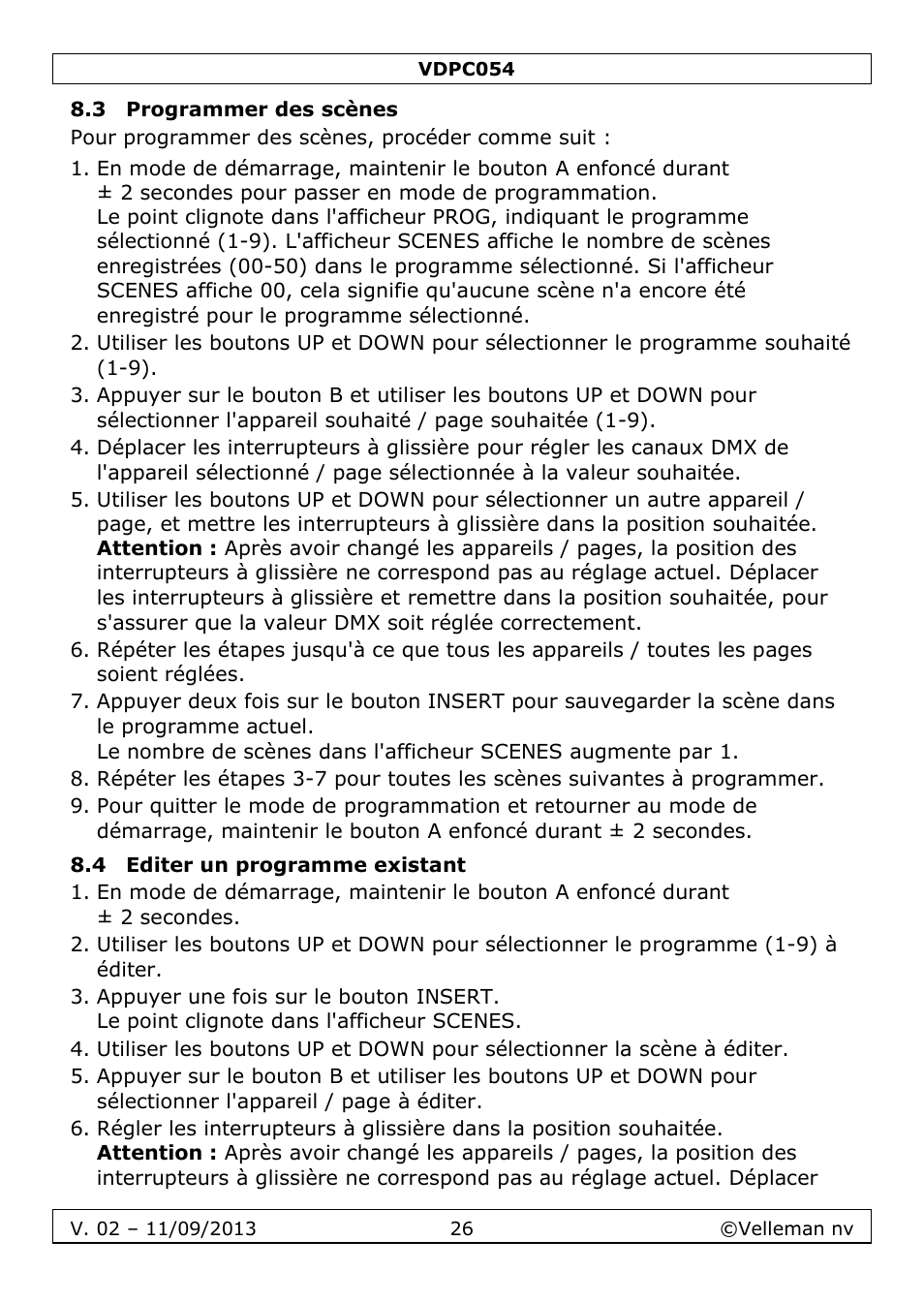 3 programmer des scènes, 4 editer un programme existant | Velleman VDPC054 User Manual | Page 26 / 58