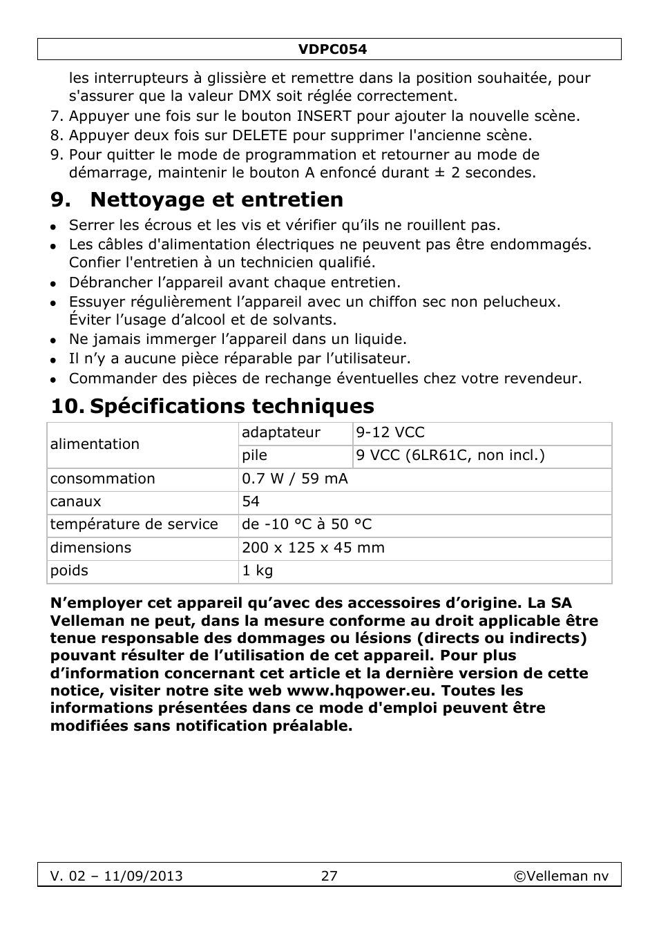 Nettoyage et entretien, Spécifications techniques | Velleman VDPC054 User Manual | Page 27 / 58