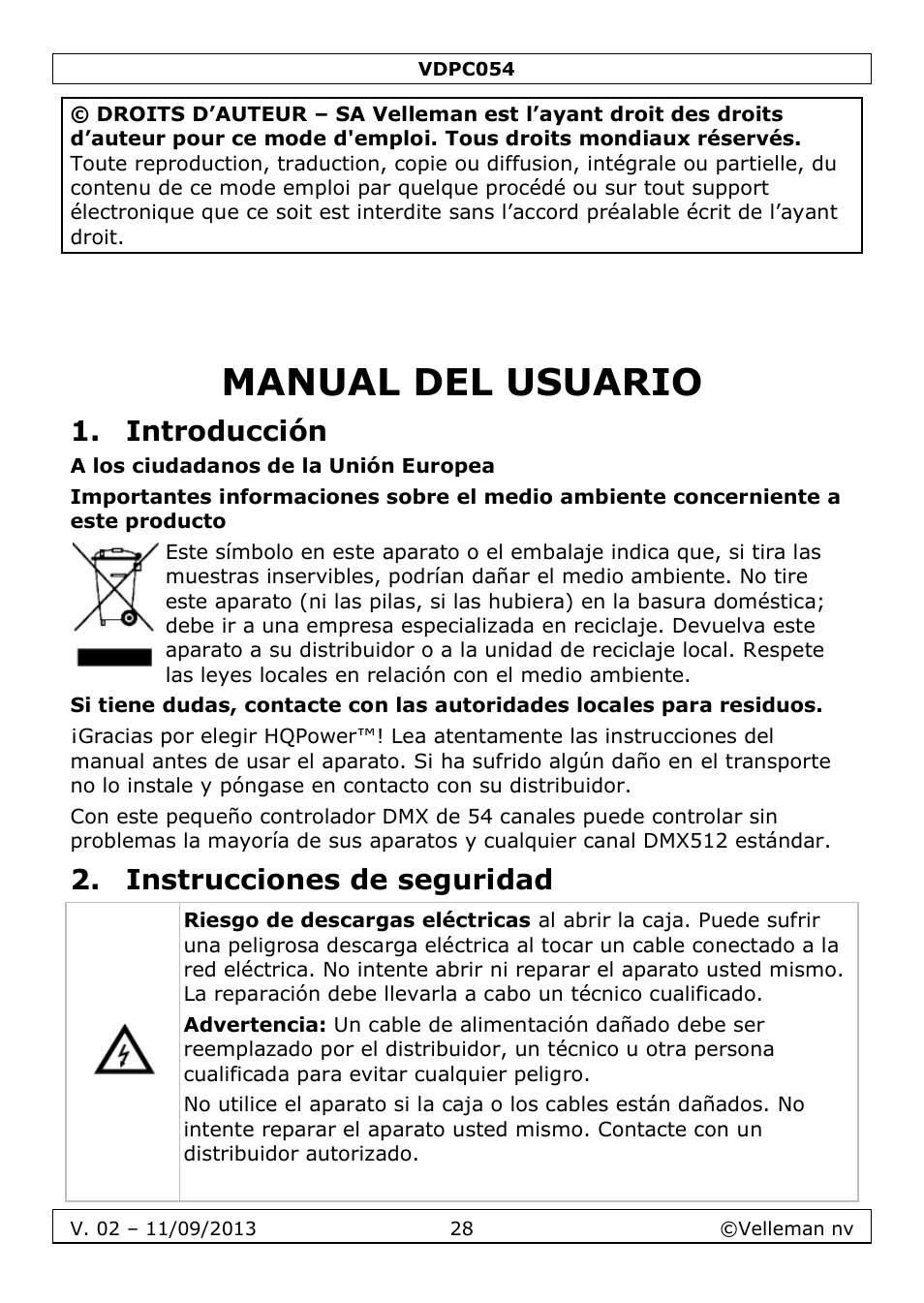 Manual del usuario, Introducción, Instrucciones de seguridad | Velleman VDPC054 User Manual | Page 28 / 58