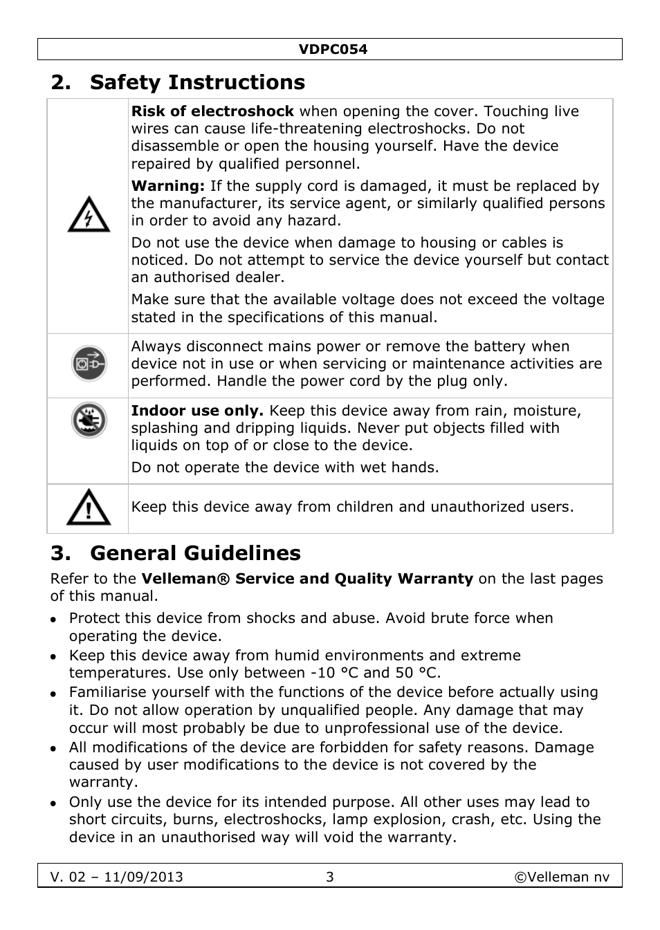 Safety instructions, General guidelines | Velleman VDPC054 User Manual | Page 3 / 58