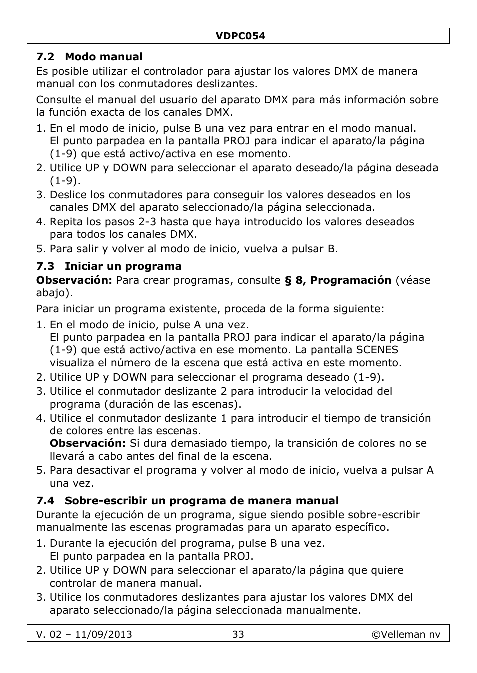 2 modo manual, 3 iniciar un programa, 4 sobre-escribir un programa de manera manual | Velleman VDPC054 User Manual | Page 33 / 58