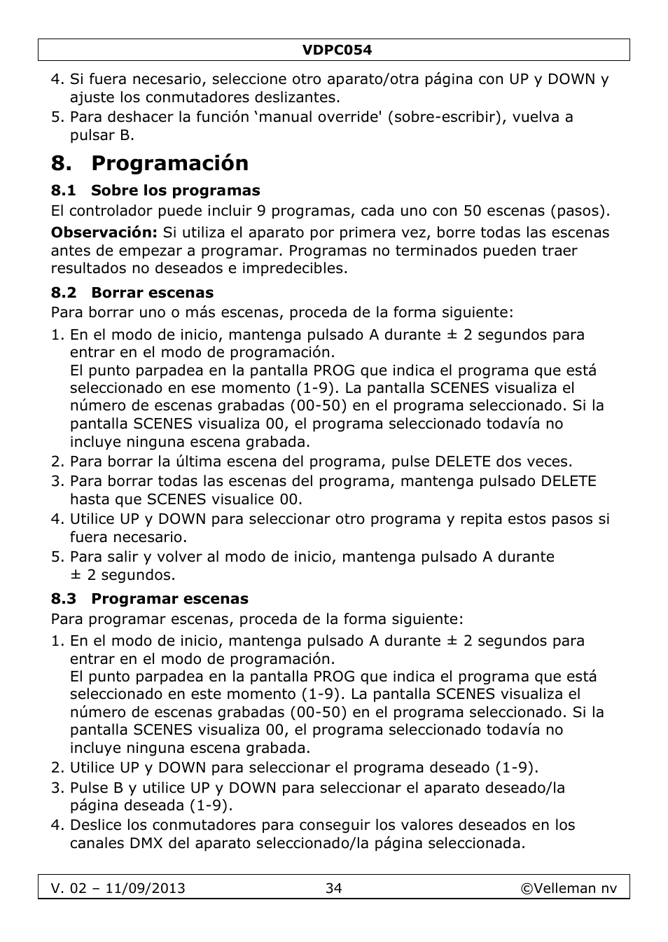 Programación, 1 sobre los programas, 2 borrar escenas | 3 programar escenas | Velleman VDPC054 User Manual | Page 34 / 58