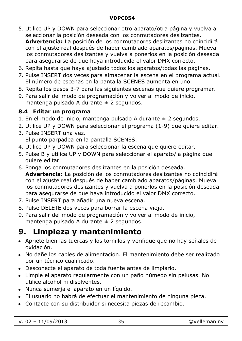4 editar un programa, Limpieza y mantenimiento | Velleman VDPC054 User Manual | Page 35 / 58