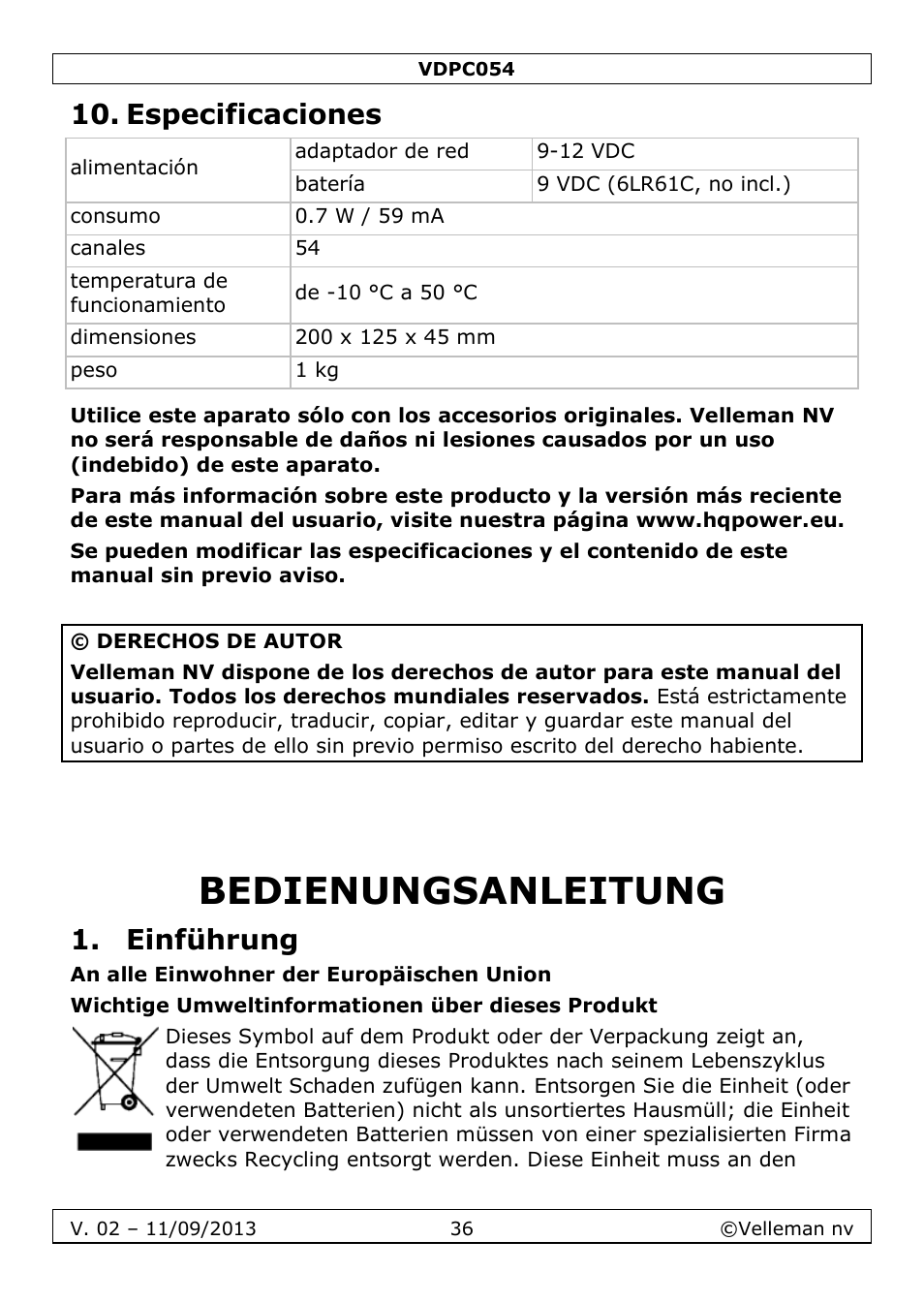 Especificaciones, Bedienungsanleitung, Einführung | Velleman VDPC054 User Manual | Page 36 / 58