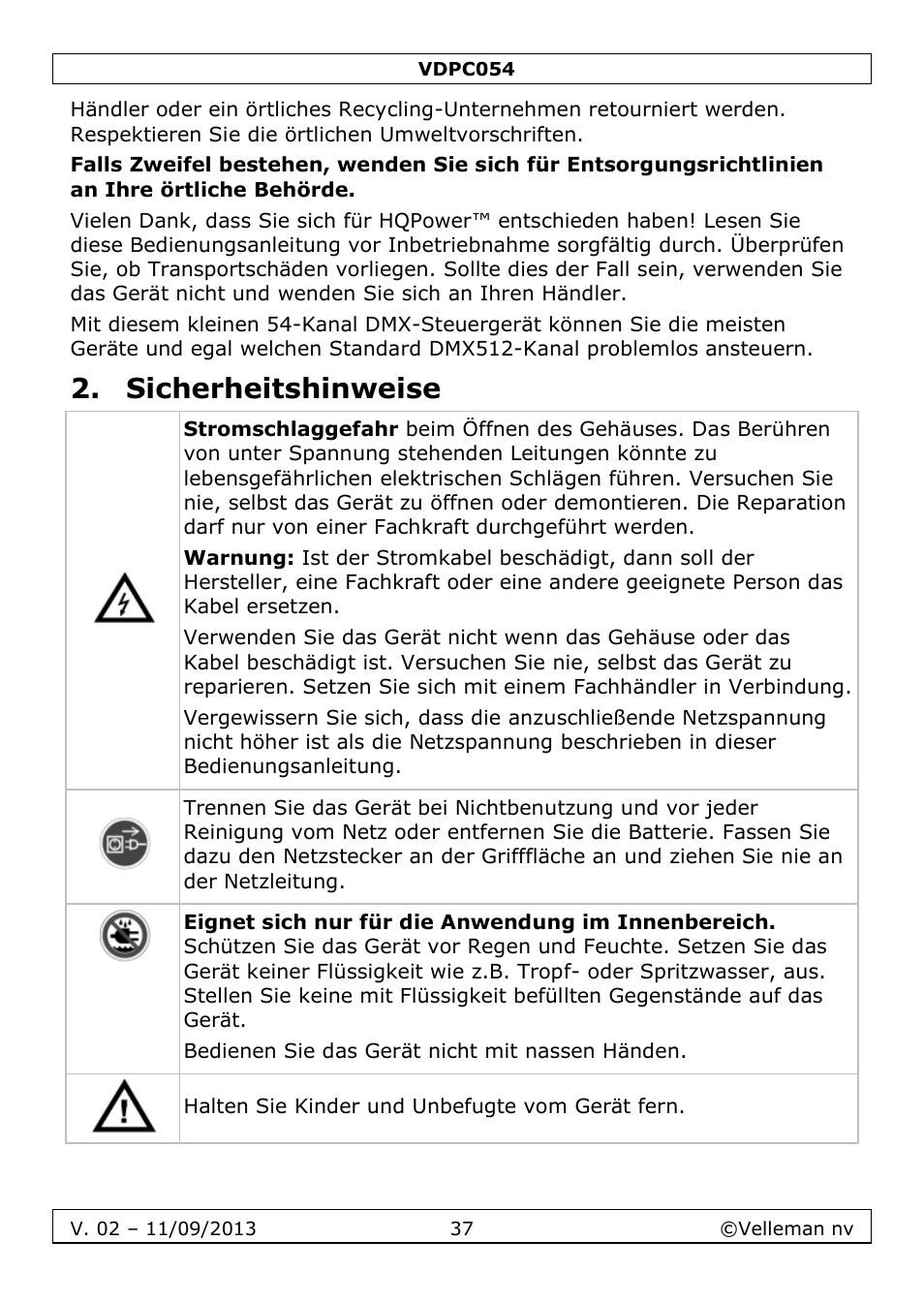 Sicherheitshinweise | Velleman VDPC054 User Manual | Page 37 / 58