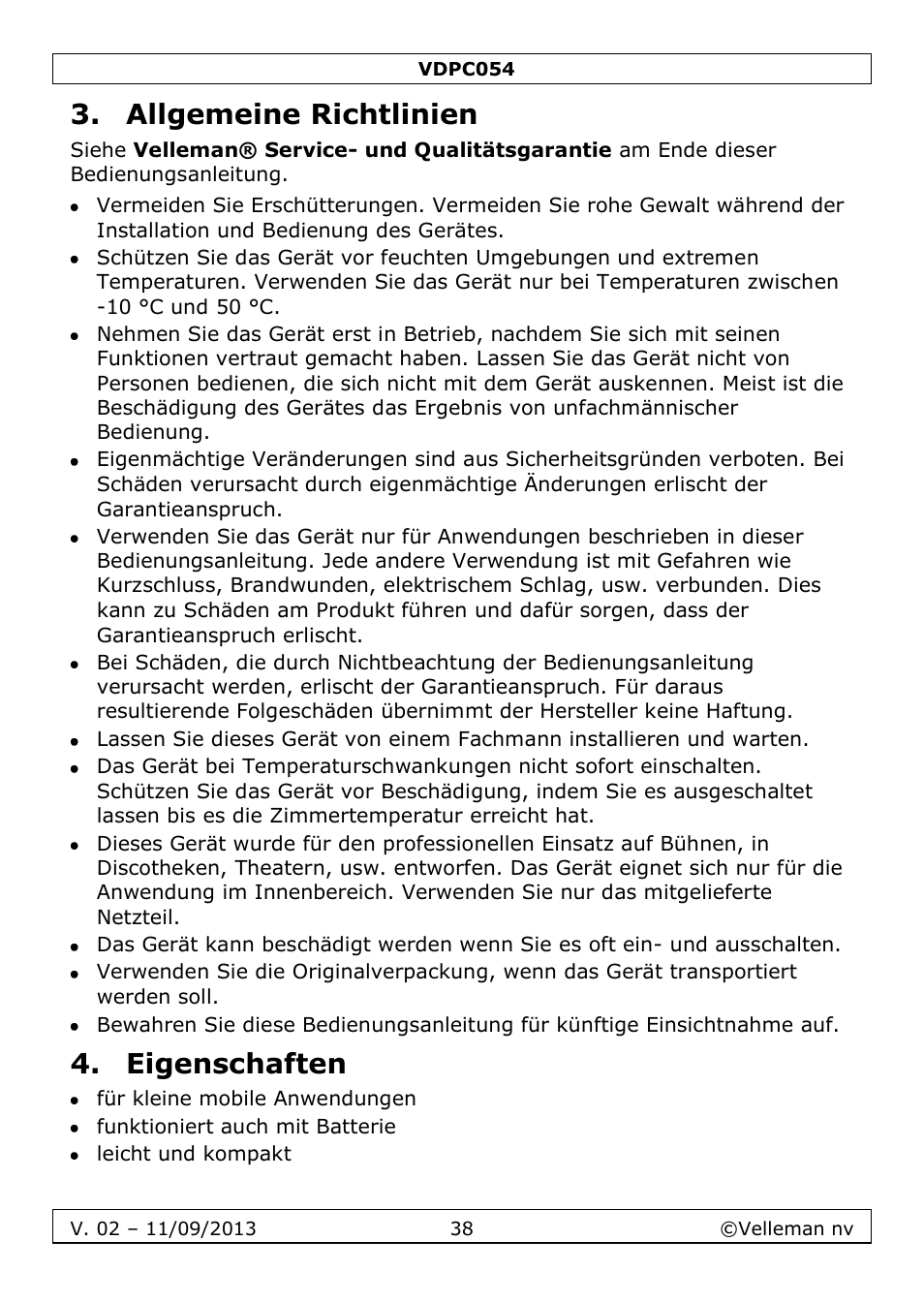 Allgemeine richtlinien, Eigenschaften | Velleman VDPC054 User Manual | Page 38 / 58