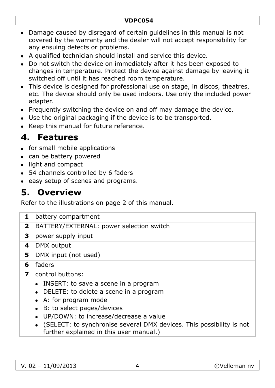 Features, Overview | Velleman VDPC054 User Manual | Page 4 / 58