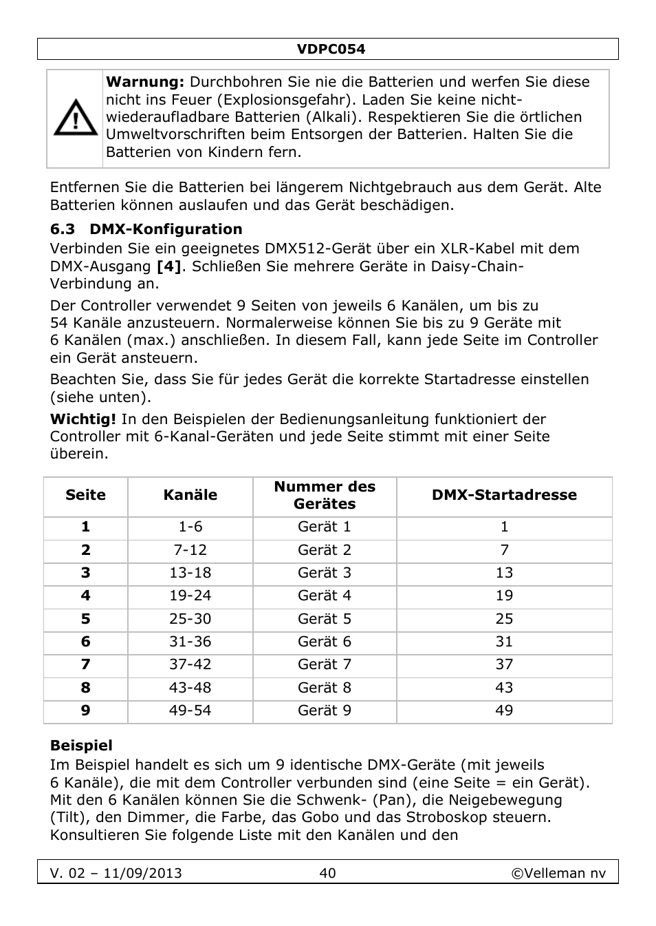 3 dmx-konfiguration, Beispiel | Velleman VDPC054 User Manual | Page 40 / 58