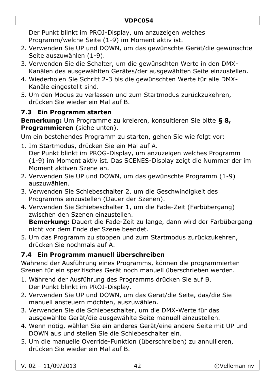 3 ein programm starten, 4 ein programm manuell überschreiben | Velleman VDPC054 User Manual | Page 42 / 58