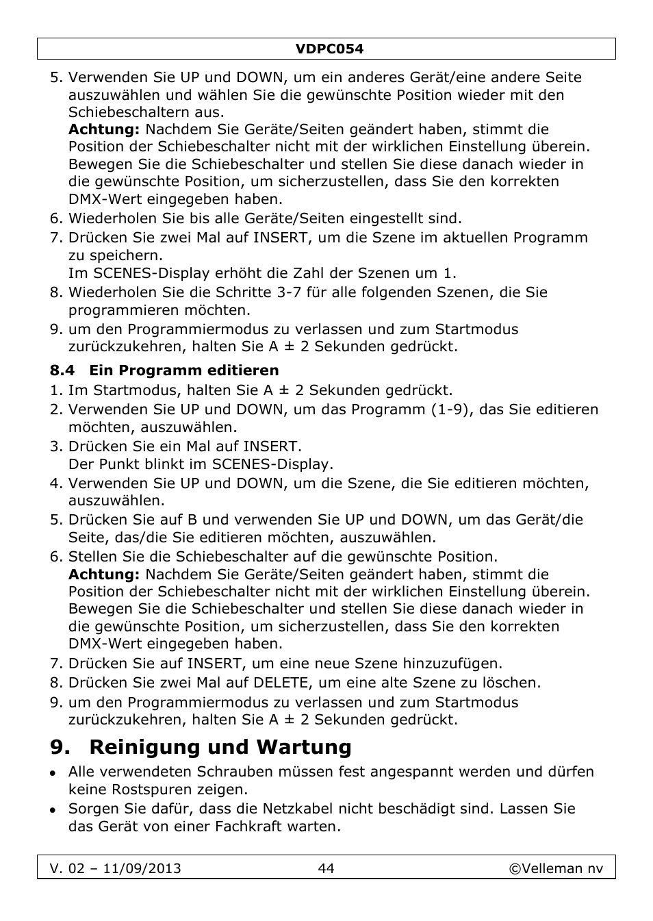 4 ein programm editieren, Reinigung und wartung | Velleman VDPC054 User Manual | Page 44 / 58