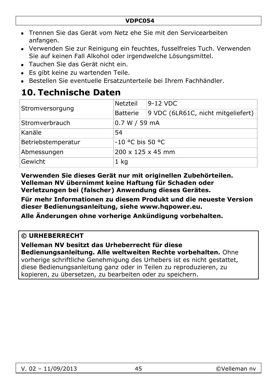 Technische daten | Velleman VDPC054 User Manual | Page 45 / 58