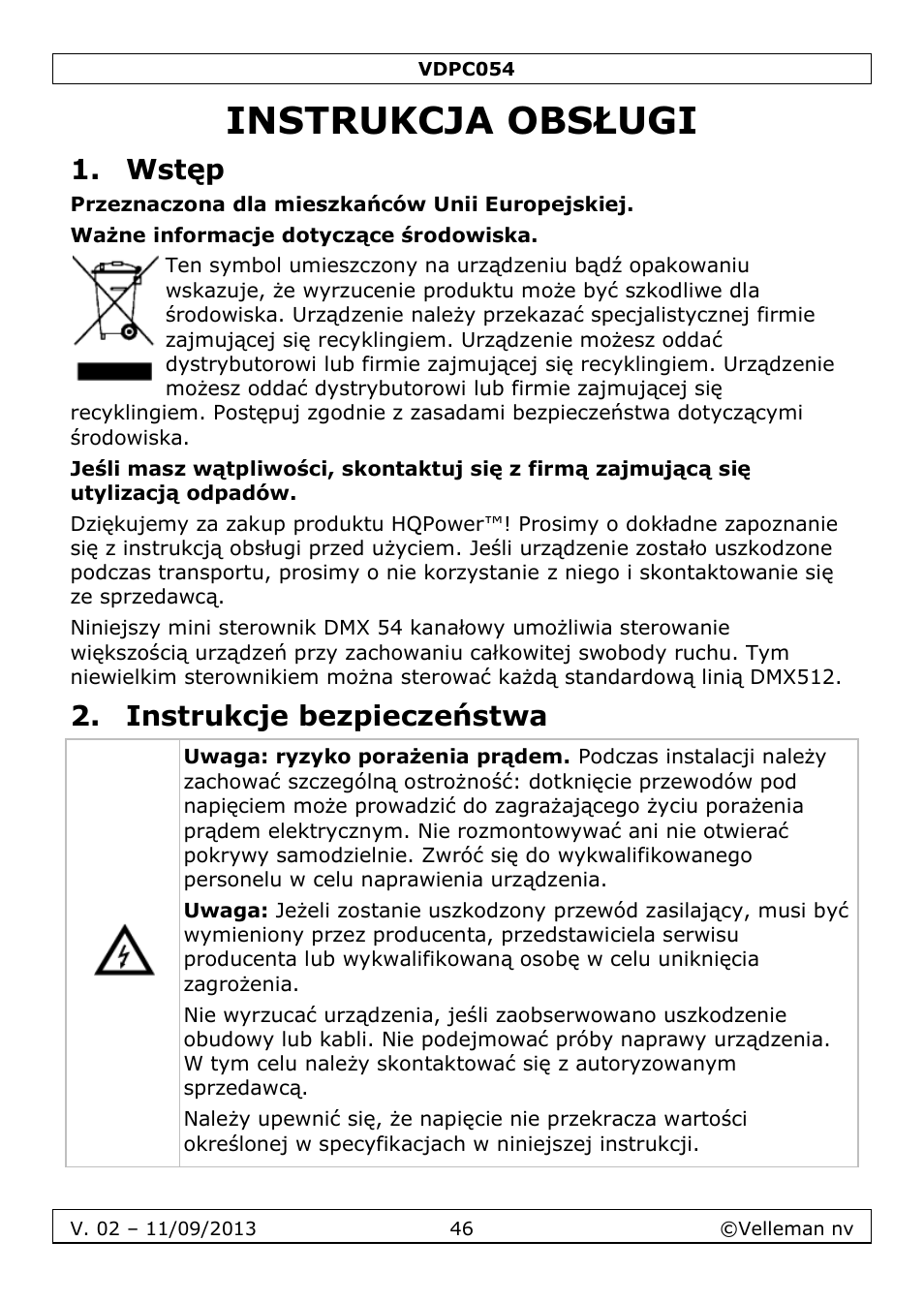 Instrukcja obsługi, Wstęp, Instrukcje bezpieczeństwa | Velleman VDPC054 User Manual | Page 46 / 58