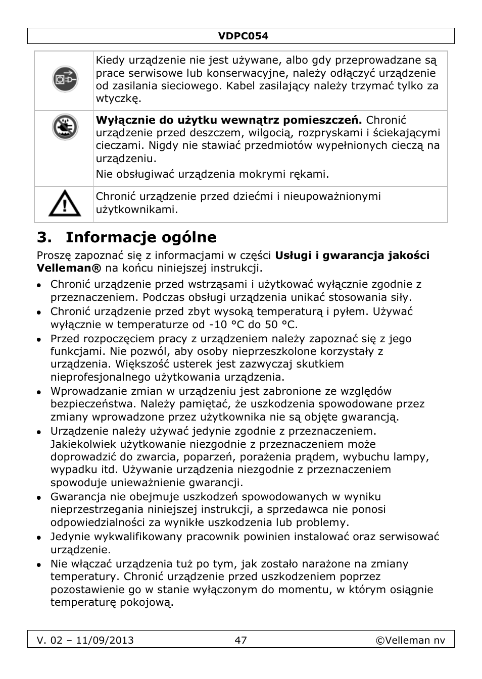 Informacje ogólne | Velleman VDPC054 User Manual | Page 47 / 58