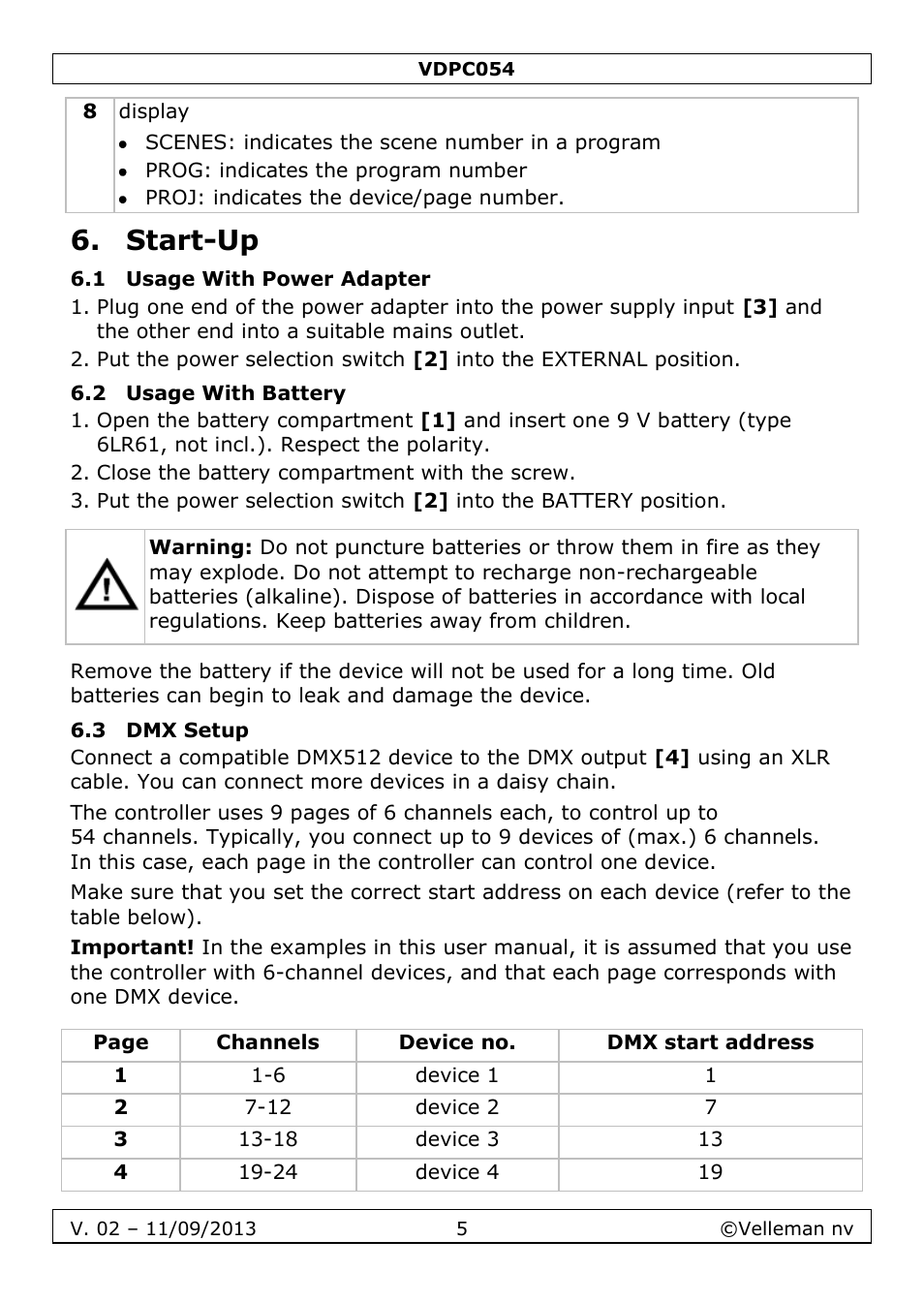 Start-up, 1 usage with power adapter, 2 usage with battery | 3 dmx setup | Velleman VDPC054 User Manual | Page 5 / 58