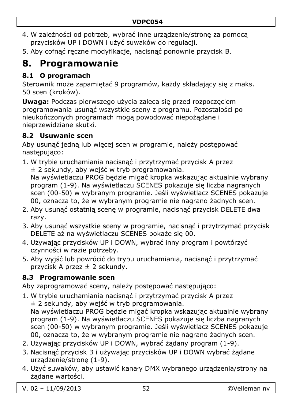 Programowanie, 1 o programach, 2 usuwanie scen | 3 programowanie scen | Velleman VDPC054 User Manual | Page 52 / 58