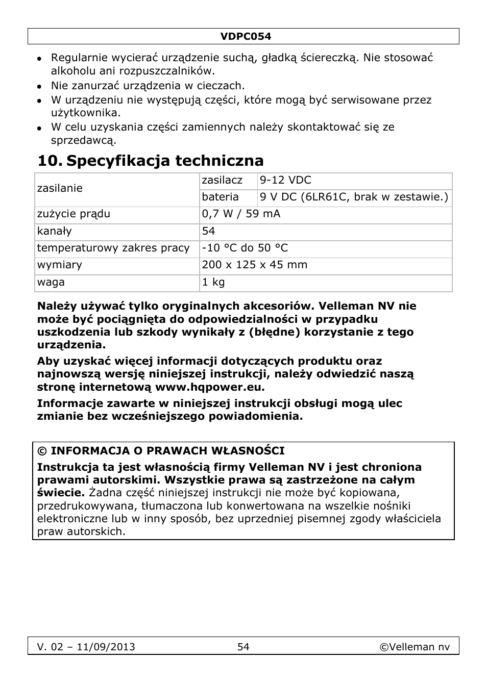 Specyfikacja techniczna | Velleman VDPC054 User Manual | Page 54 / 58