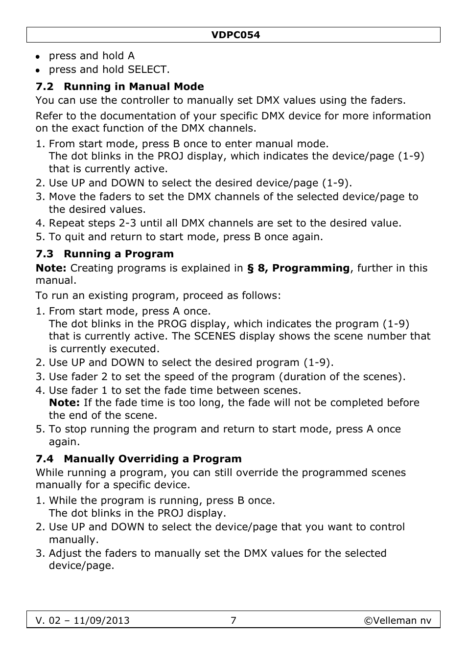 2 running in manual mode, 3 running a program, 4 manually overriding a program | Velleman VDPC054 User Manual | Page 7 / 58