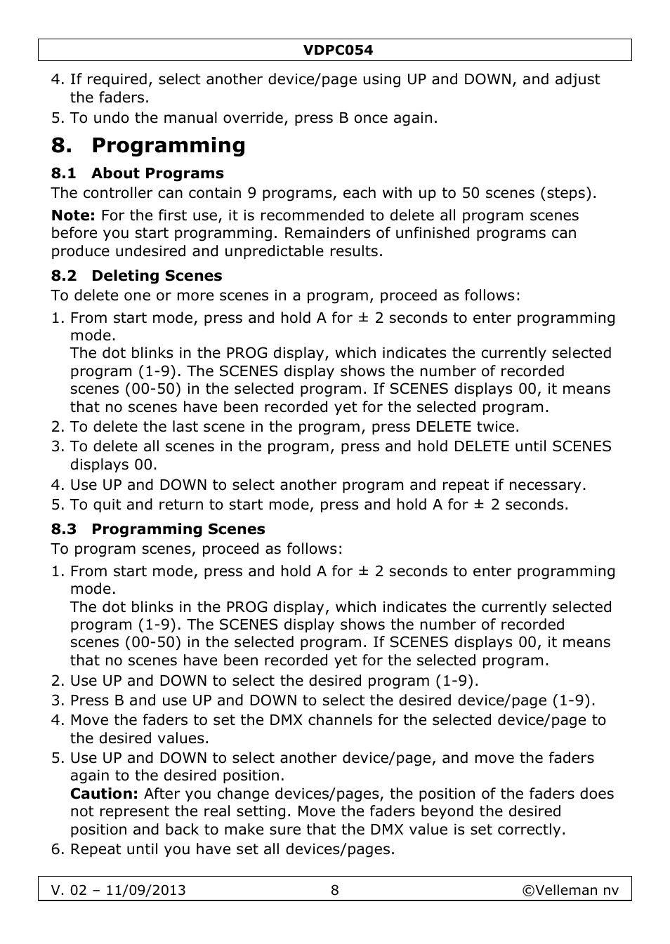 Programming, 1 about programs, 2 deleting scenes | 3 programming scenes | Velleman VDPC054 User Manual | Page 8 / 58