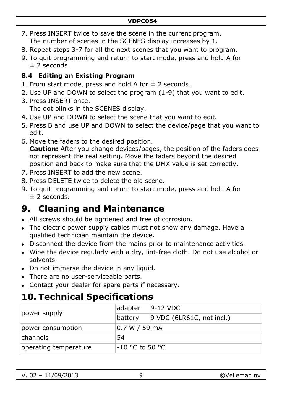 4 editing an existing program, Cleaning and maintenance, Technical specifications | Velleman VDPC054 User Manual | Page 9 / 58