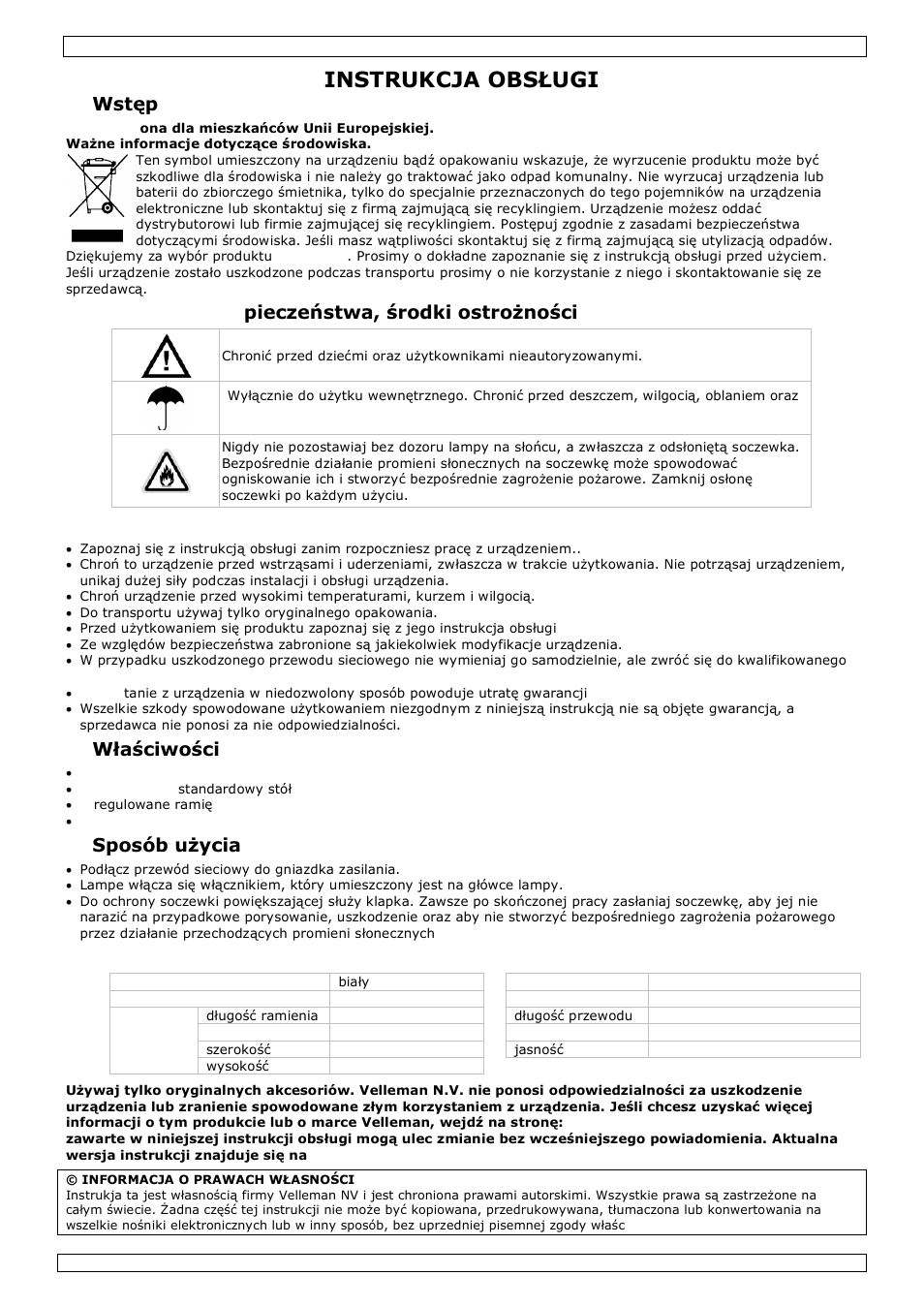 Instrukcja obsługi, Wstęp, Instrukcje bezpieczeństwa, środki ostrożności | Wskazówki ogólne, Właściwości, Sposób użycia, Parametry techniczne | Velleman VTLLAMP3W User Manual | Page 8 / 11