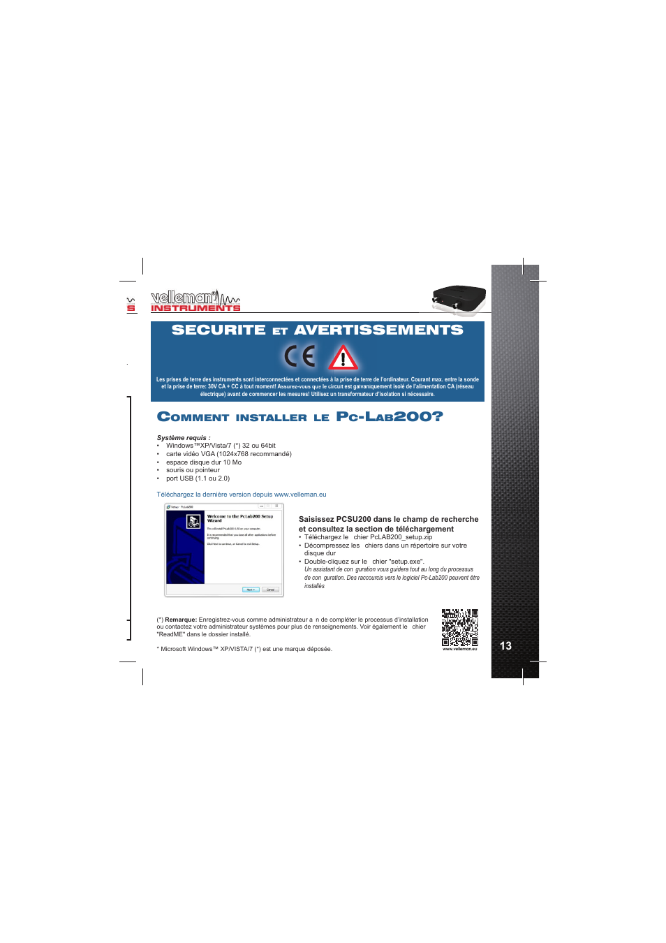 Securite, Avertissements | Velleman PCSU200 User Manual | Page 13 / 36