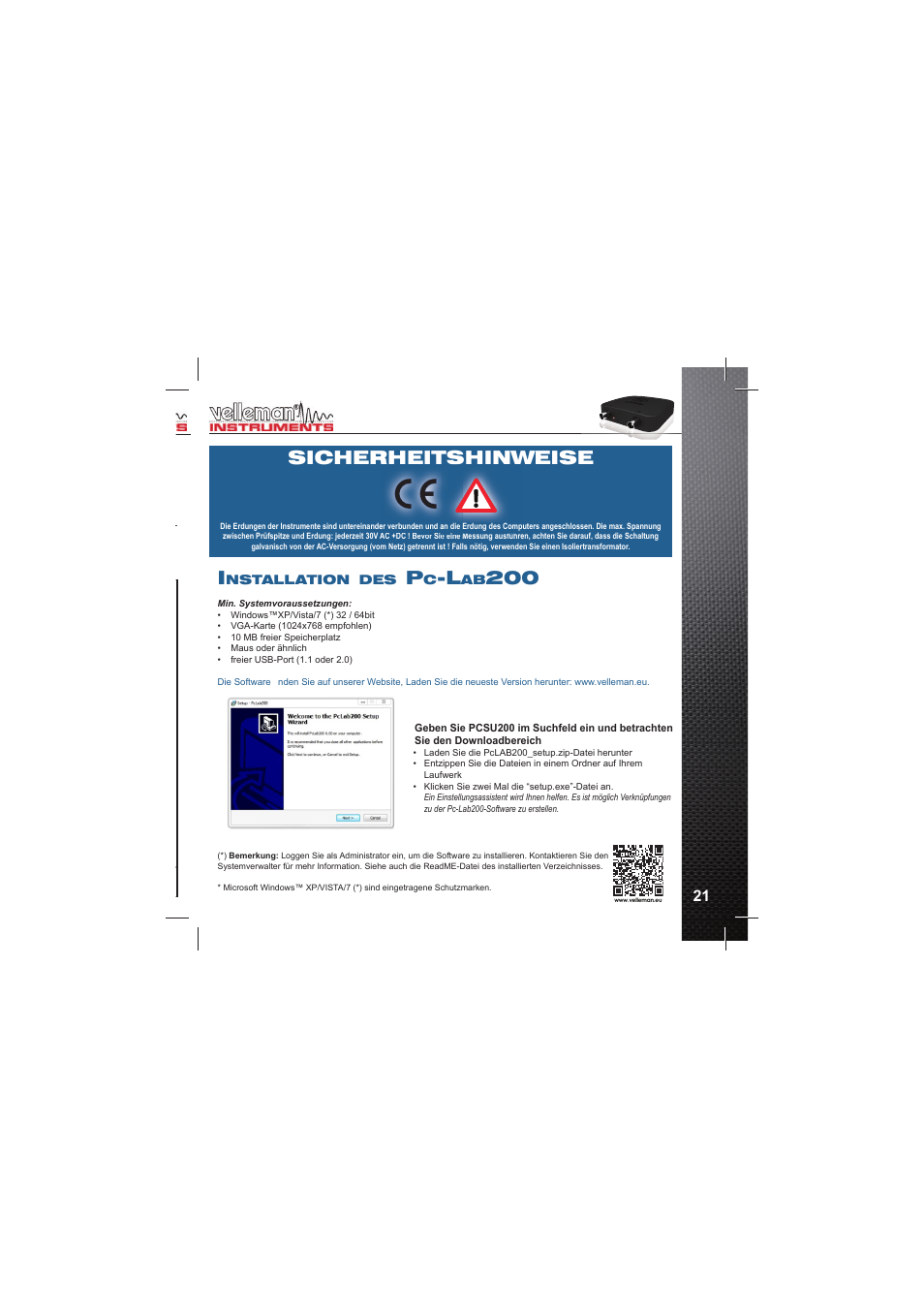 Sicherheitshinweise | Velleman PCSU200 User Manual | Page 21 / 36