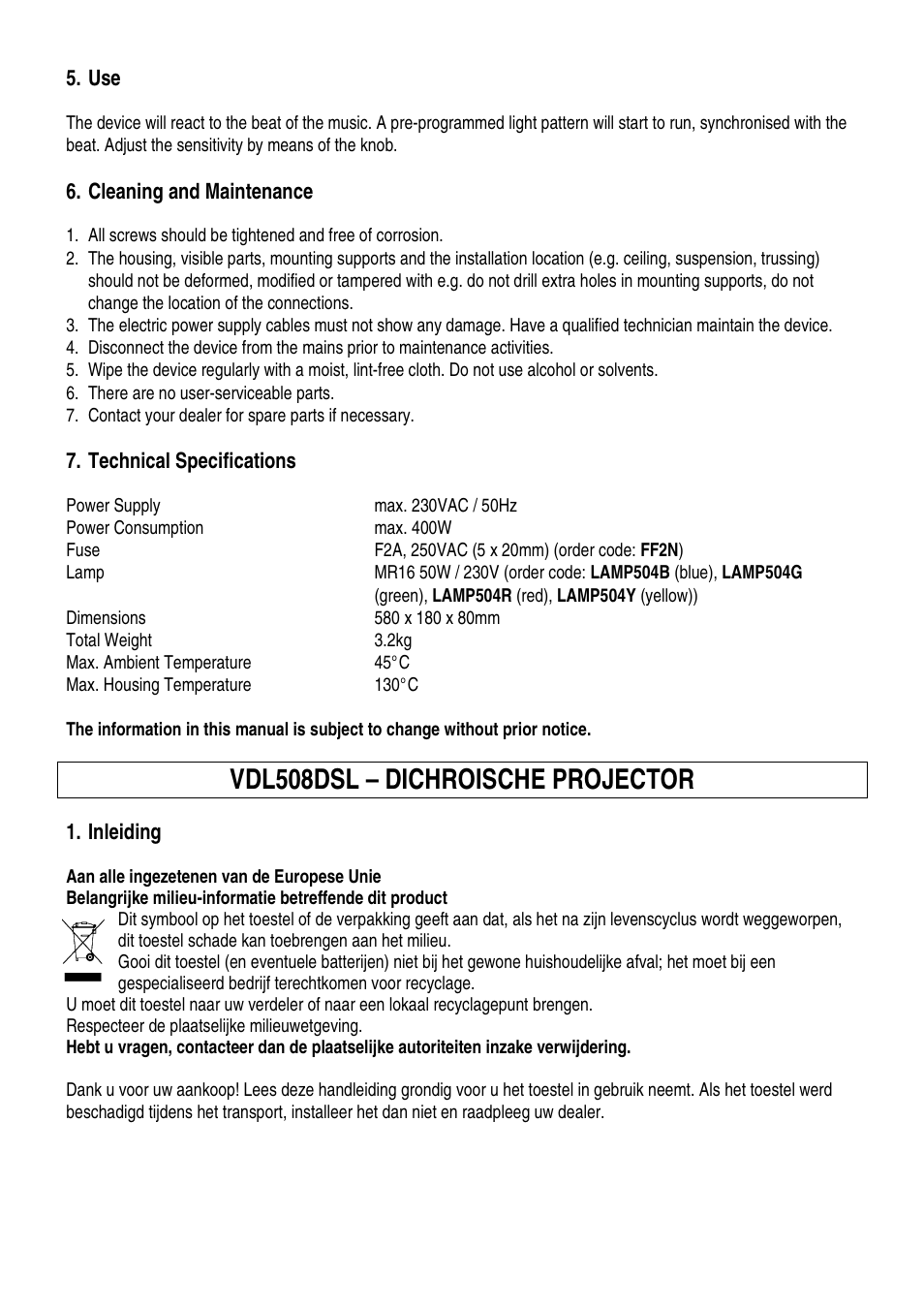 Vdl508dsl – dichroische projector | Velleman VDL508DSL User Manual | Page 3 / 14