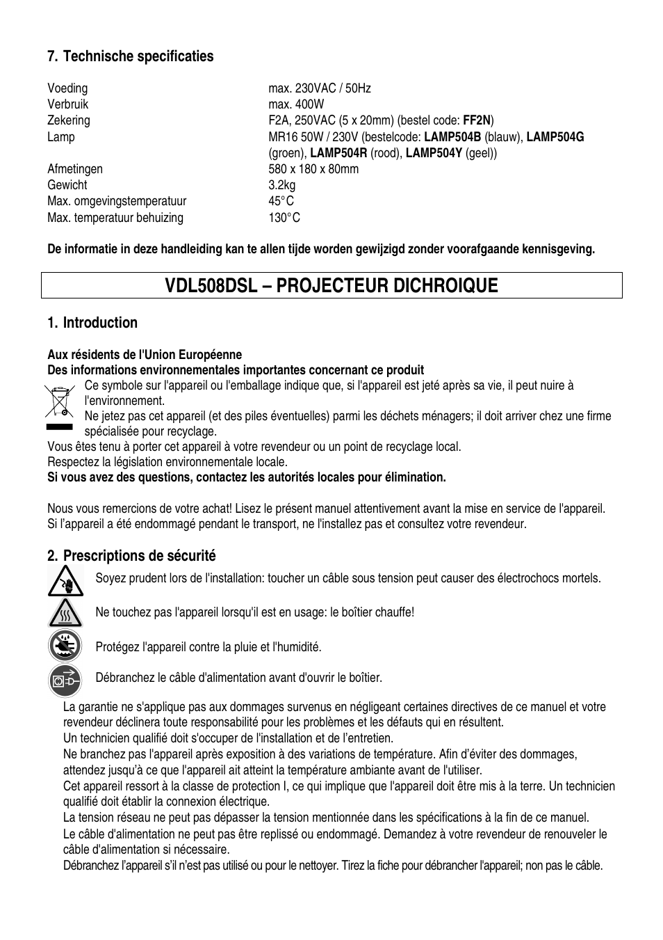 Vdl508dsl – projecteur dichroique | Velleman VDL508DSL User Manual | Page 6 / 14