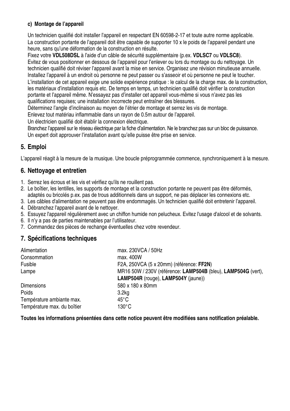 Emploi, Nettoyage et entretien, Spécifications techniques | Velleman VDL508DSL User Manual | Page 8 / 14